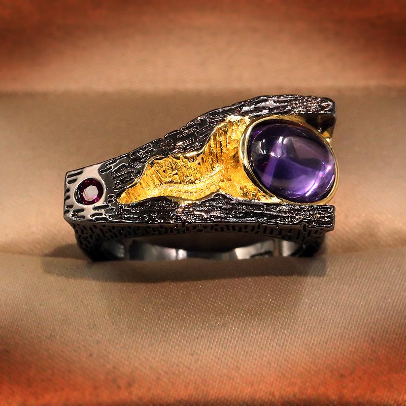 Винтажное кольцо в китайском стиле из серии «Лист лотоса» с натуральным аметистом, приносящее удачу, закрытого дизайна для женщин, обручальное кольцо для свадебной вечеринки