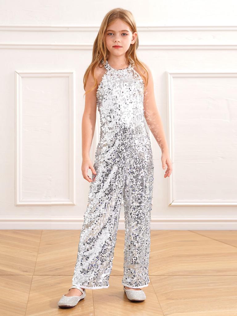 Kids Girls Halter Shiny Sequins Jazz Latin Dance Jumpsuit Sleeveless High Waist Pageant Romper Long Pants