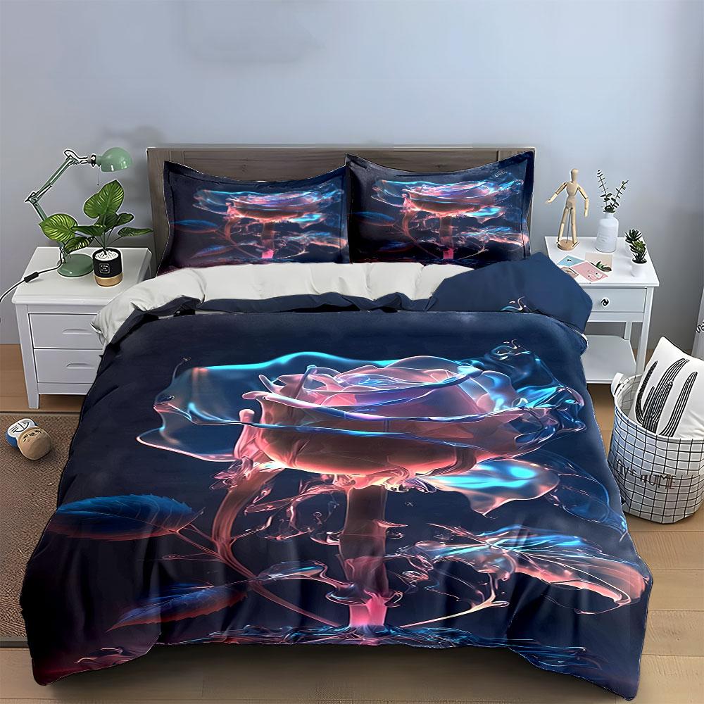 Glowing rose with leaves. Bedding sets Duvet cover sets Duvet covers Pillowcases(1*Duvet Cover 2*Pillowcases without duvet insert)