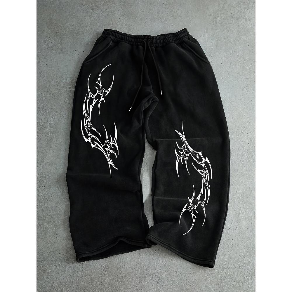 Men's Gothic Printed Loose Elastic Straight Leg Pants - Loose Winter Pants, Casual Street Wear for Autumn and Winter
