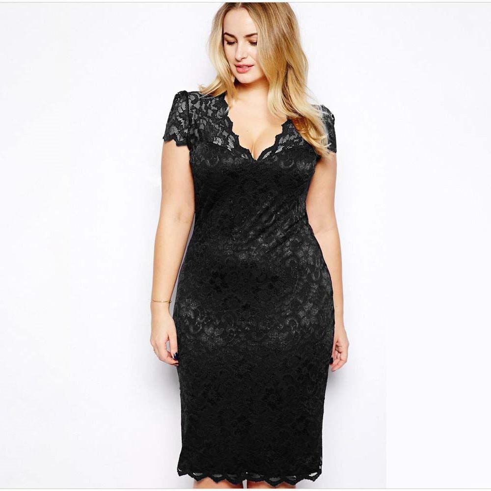 Plus Size Spring Sexy Lace Midi Dress V Neck Scalloped Lace Trim Slim Fit Bodycon Elegant Evening Party Cocktail Wedding Guest Dress