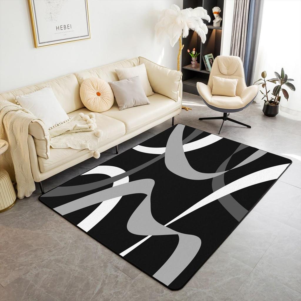 Erosebridal Grey Red Black Carpet Dark Gray White Striped Abstract Indoor Floor Mat 4'11" x 3'3" for Boys Teen Men Geometric Stripes Area Ru