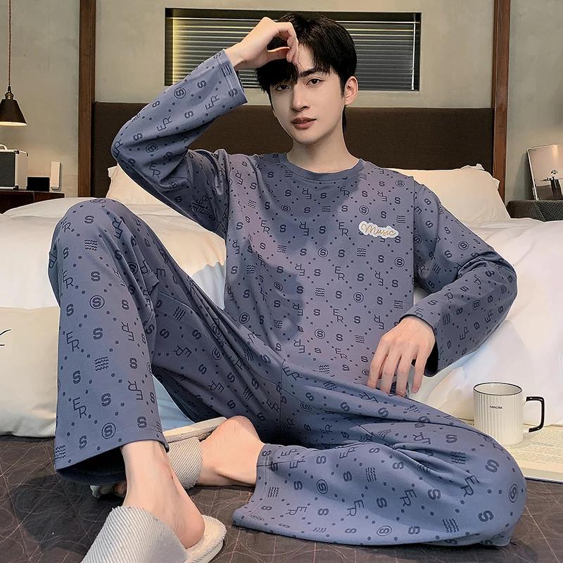 2-Piece Spring and Fall Men's Cotton Pajamas Set Boys Soft Long-Sleeved Sleep Rest Home Party Pajamas Men's Casual Homewear