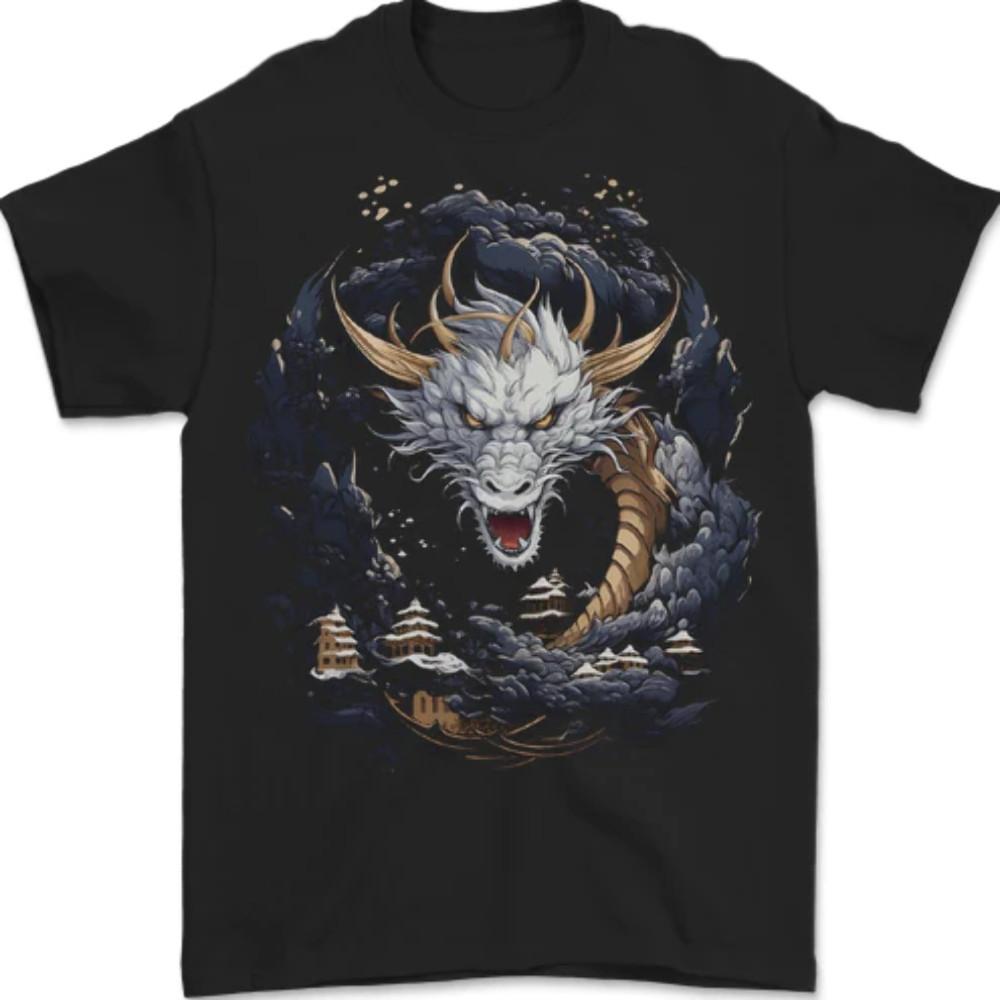 White Japanese Dragon Fantasy Mens T-Shirt 100% Cotton