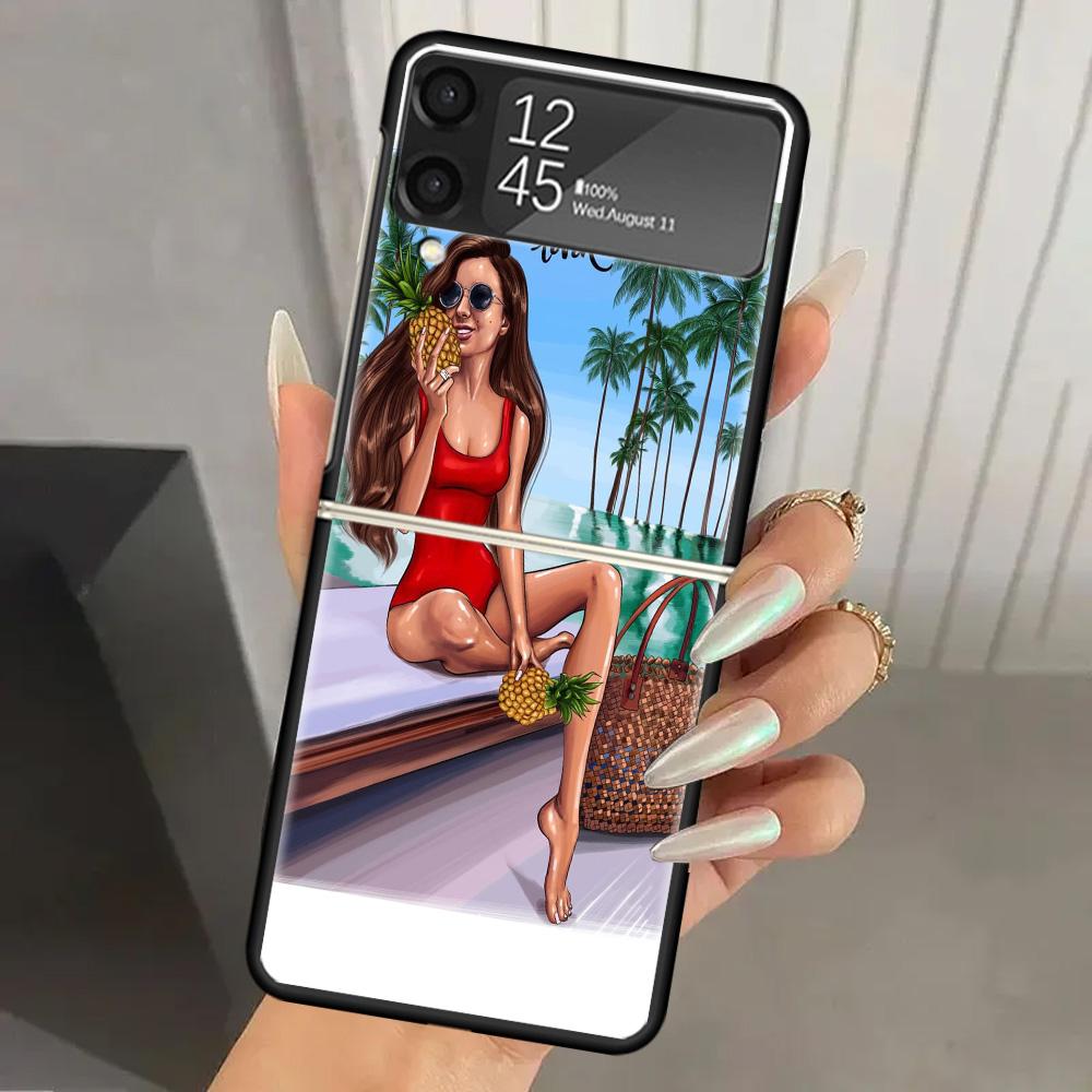 Чехол для телефона Samsung Galaxy Z Flip 6 5 4 3, жесткий ПК, летний пляжный, с фламинго, черная крышка, ZFlip6 Flip5 Flip4 5G, складной, с принтом