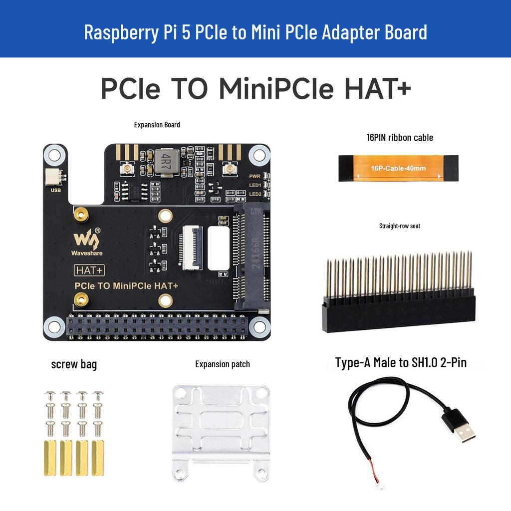 HAT-адаптер Raspberry Pi 5-го поколения PCIe на MiniPCIe для беспроводной сети и USB Bluetooth (Без водителя)