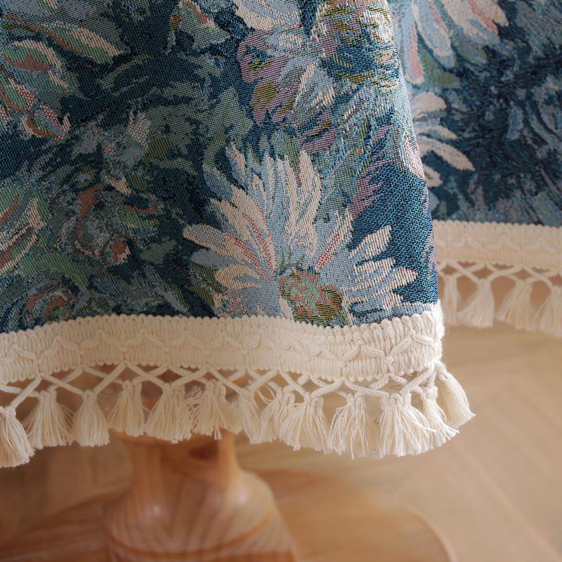 Винтажная Хлопко-Полиэстеровая Цветная Тканая Жаккардовая Скатерть с Рисунком под Масляную Живопись Синие Ромашки с Бахромой Круглая Скатерть для Кофейного Столика Скатерть для Обеденного Стола