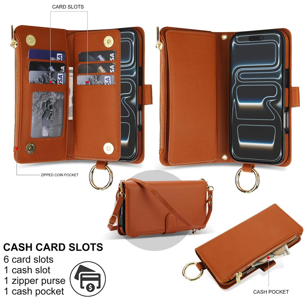 Zipper Crossbody Wallet Phone Case for iPhone 17 Pro Max Samsung S26 Ultra, Leather Flip Card Holder Cover with Wrist Strap
