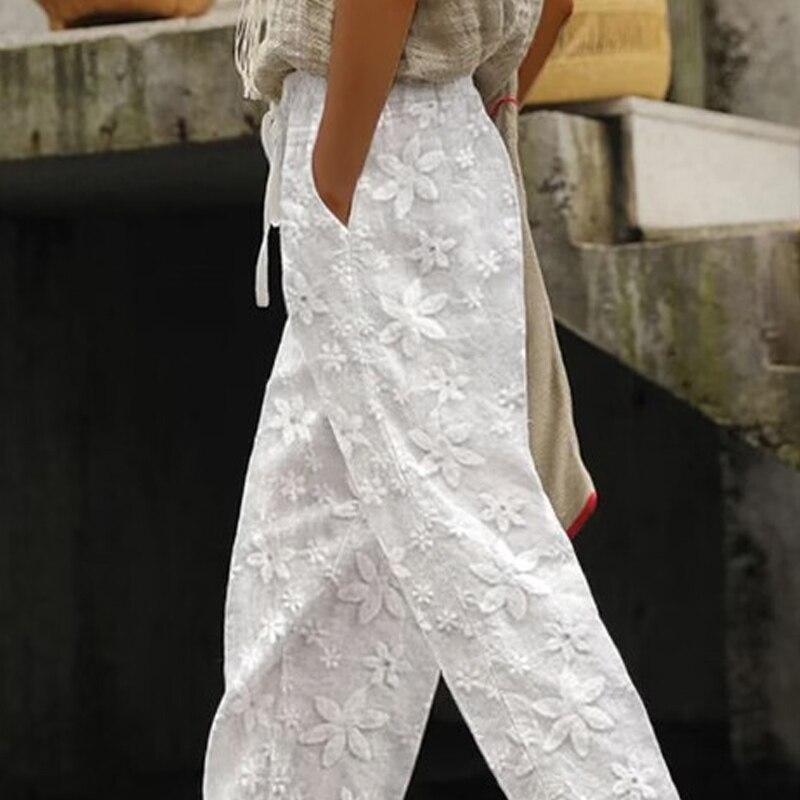 Повседневные брюки до щиколотки со шнуровкой и вышивкой, женские элегантные белые брюки с эластичной резинкой на талии, уличная одежда, брюки Spodnie 26162