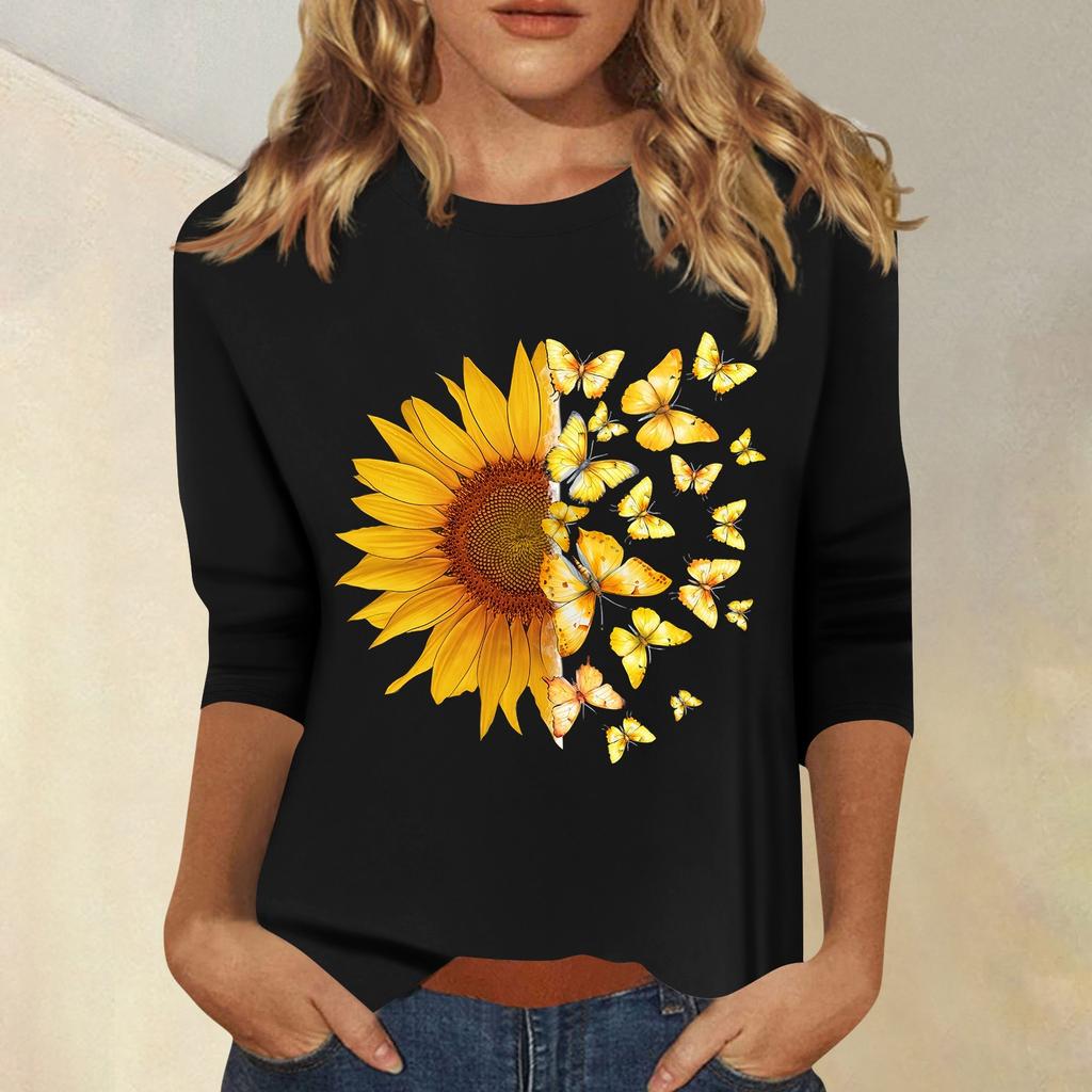 Женская мода повседневный принтованный топ с семью рукавами и круглым вырезом