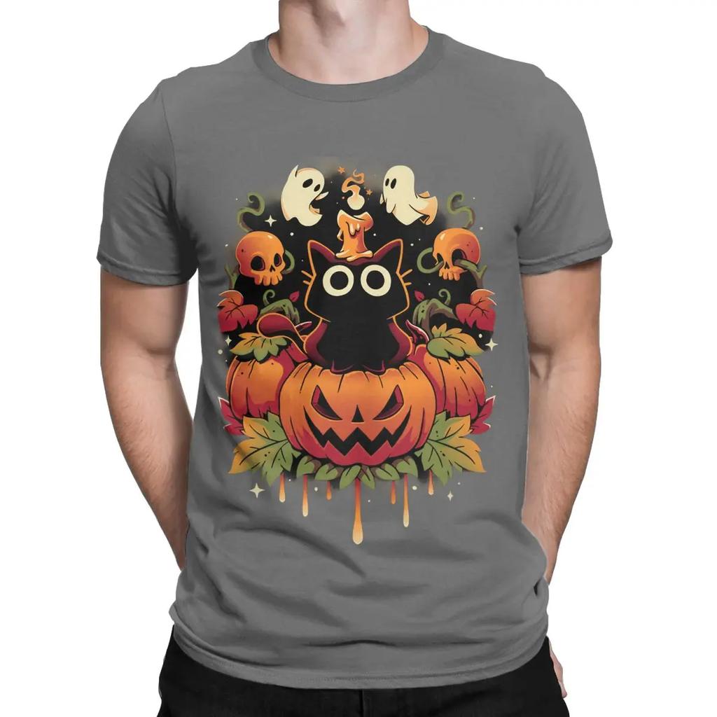 Novelty HALLOWEEN TRICK Black Cat T-Shirts Men Crewneck 100% Cotton T Shirts Cute Ghost Pumpkin Short Sleeve Tees Party Clothing