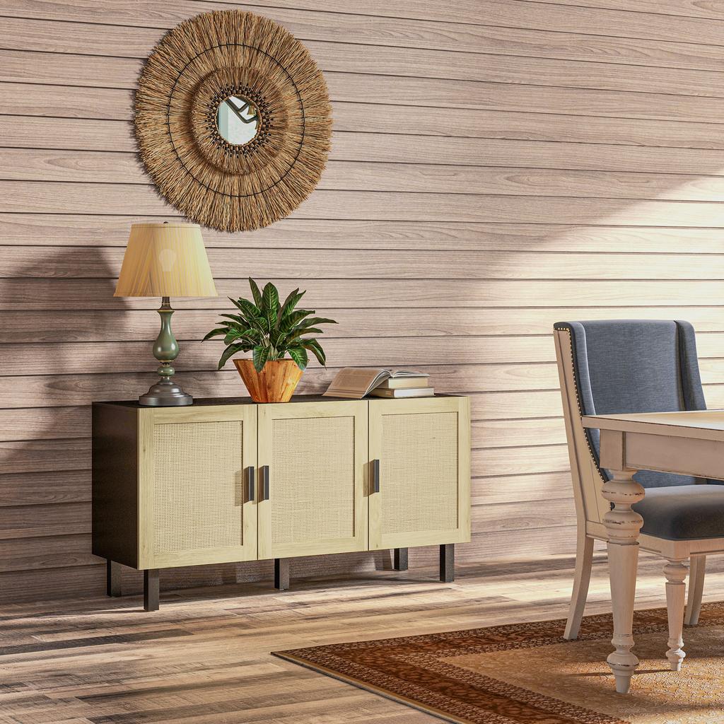 Storage furniture with cabinets with cane-effect doors, adjustable shelves, 136 x 41 x 70 cm, black and natural wood