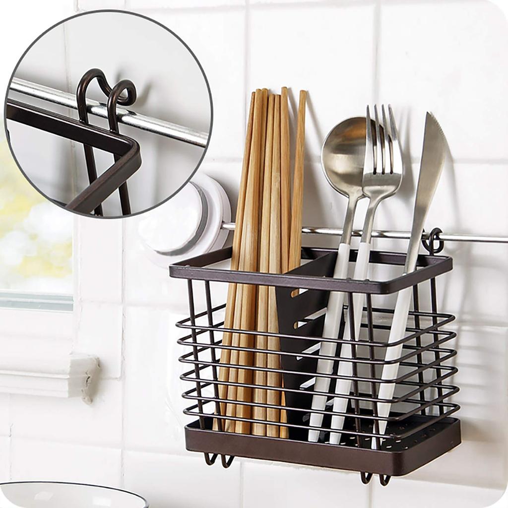 VANRA Chopstick Holder Cutlery Stand Drainer Holds Spoons and Forks Stainless Steel 2 Compartments with Hook (Brown)