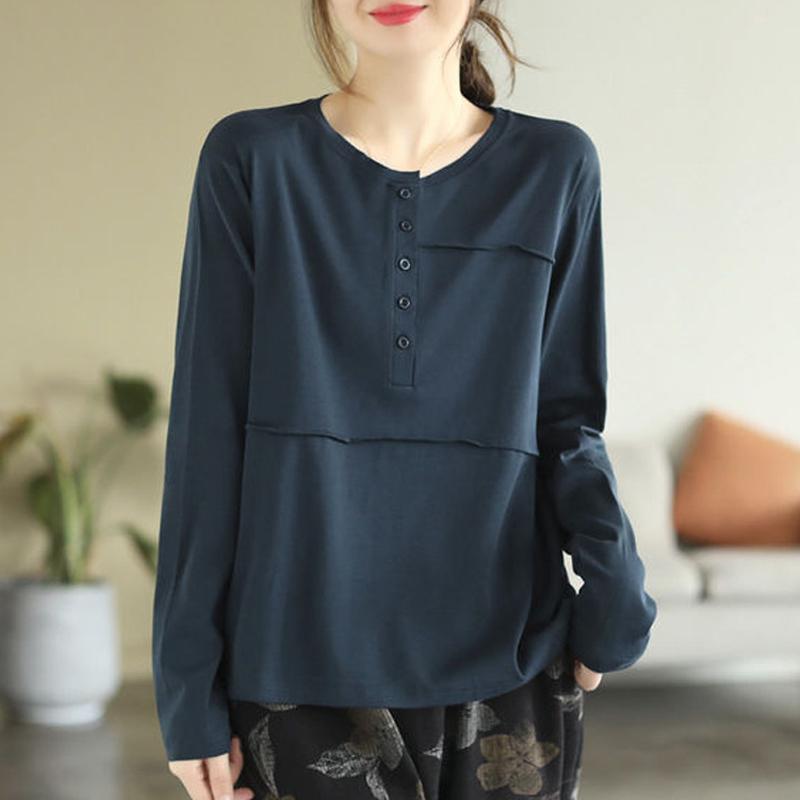Женская мода винтажные однотонные пуговицы с длинным рукавом простые футболки весна осень простые повседневные свободные пуловеры с круглым вырезом