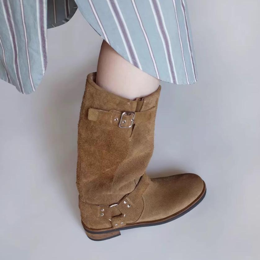 Версия из коровьей кожи~ ретро модные толстоподошвенные ковбойские сапоги в западном стиле женские из натуральной кожи с круглым носком с отворотом из меха высокие сапоги-мартины рыцарские