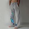 Fashion Men's Casual Trousers New Cotton and Linen Colourful Feather Print Loose Casual Drawstring Trousers