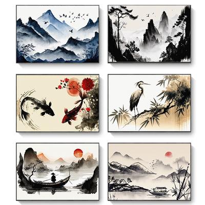 Китайский пейзаж Пара Птицы Лес Гора Река Кои Карп Рыба Искусство Плакат Печать Картина на холсте Настенная картина Декор для дома