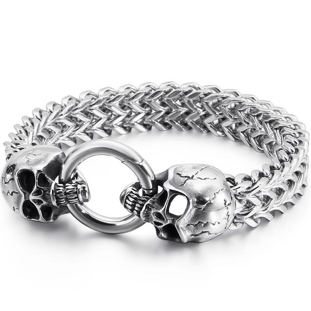 Мужские браслеты в стиле панк-рок, череп из нержавеющей стали, 12 мм, 8,7 дюйма, двойной браслет-цепочка Франко, мужской байкерский скелет, мужские ювелирные изделия