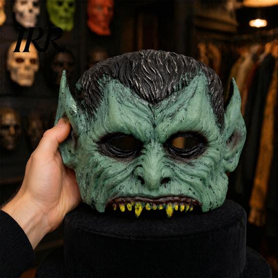 Breathable Halloween Mask Green Vampire Mask, Half Face with Pointy Ears & Sharp Teeth, Retro Ear Monsters Distressed Party Lightweight PU Foam