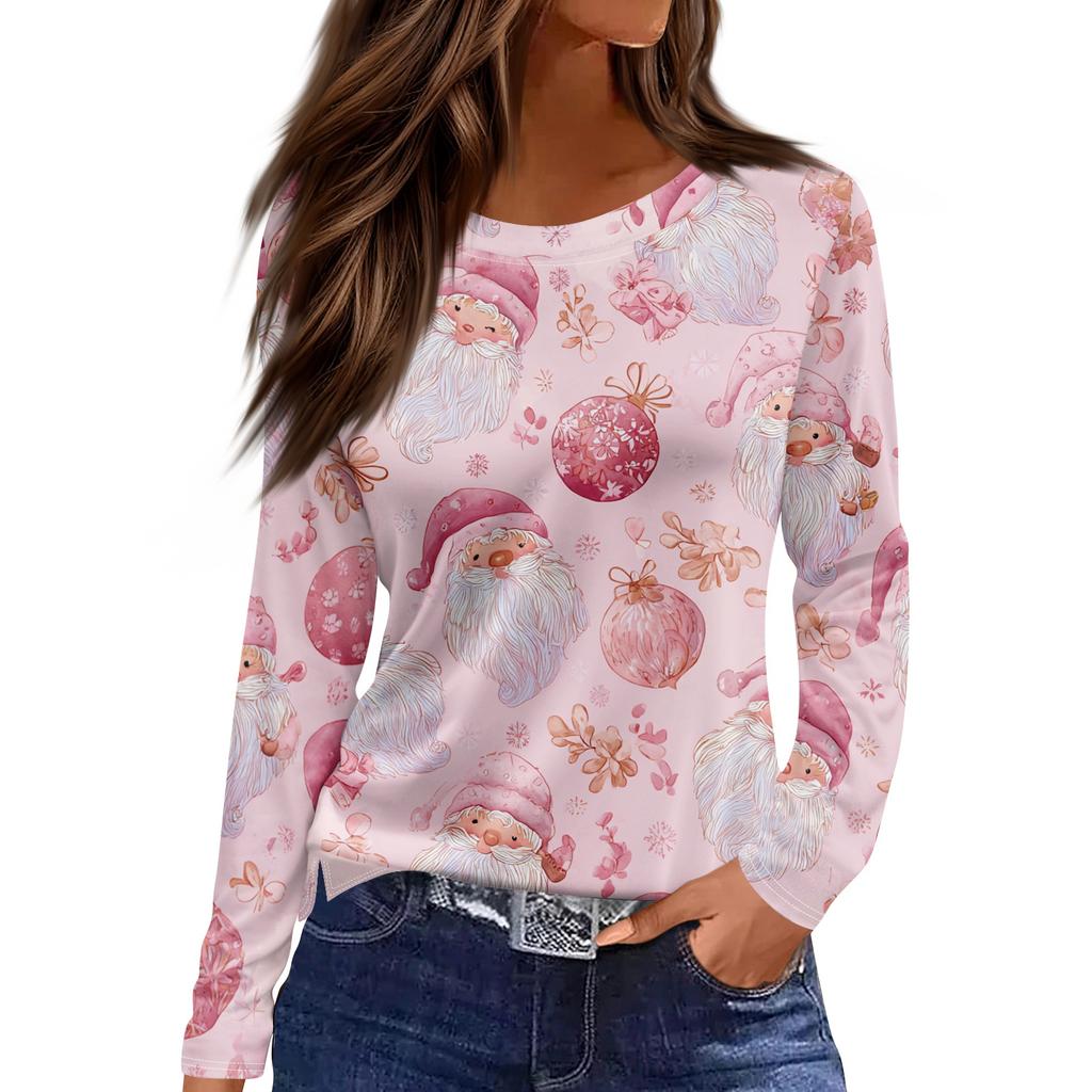 Women's Fashion Casual Slit Hem Round Neck Long Sleeve Loose Printed T-Shirt Top