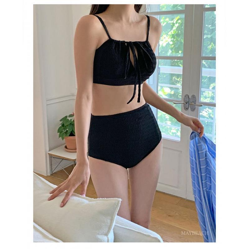 Pure desire wind sweet girl high sense light luxury simple cross shoulder strap high waist cover conservative split swimsuit women
