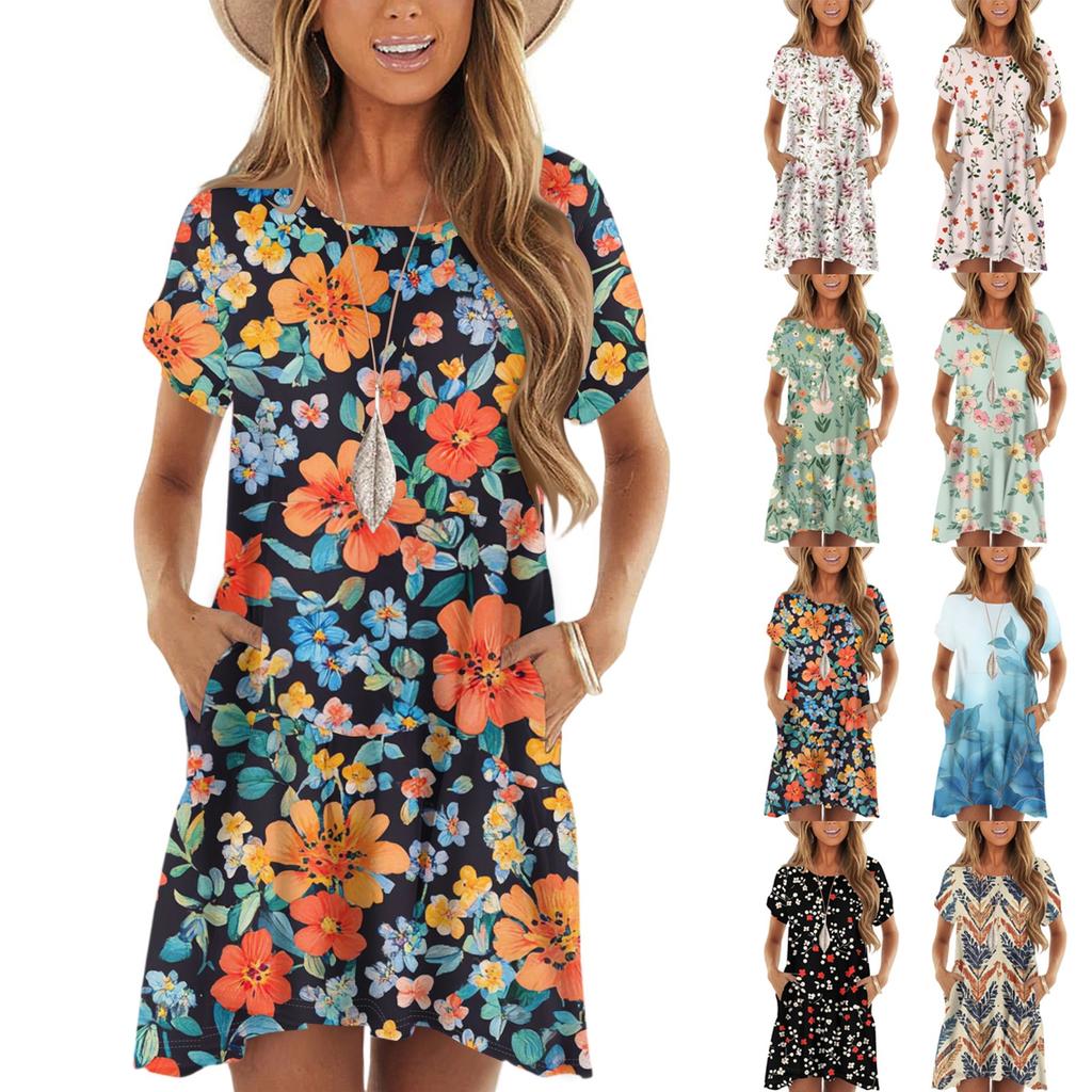 Women's Fashion Casual Round Neck Short Sleeve Ruffle Gradient Printed Dresses