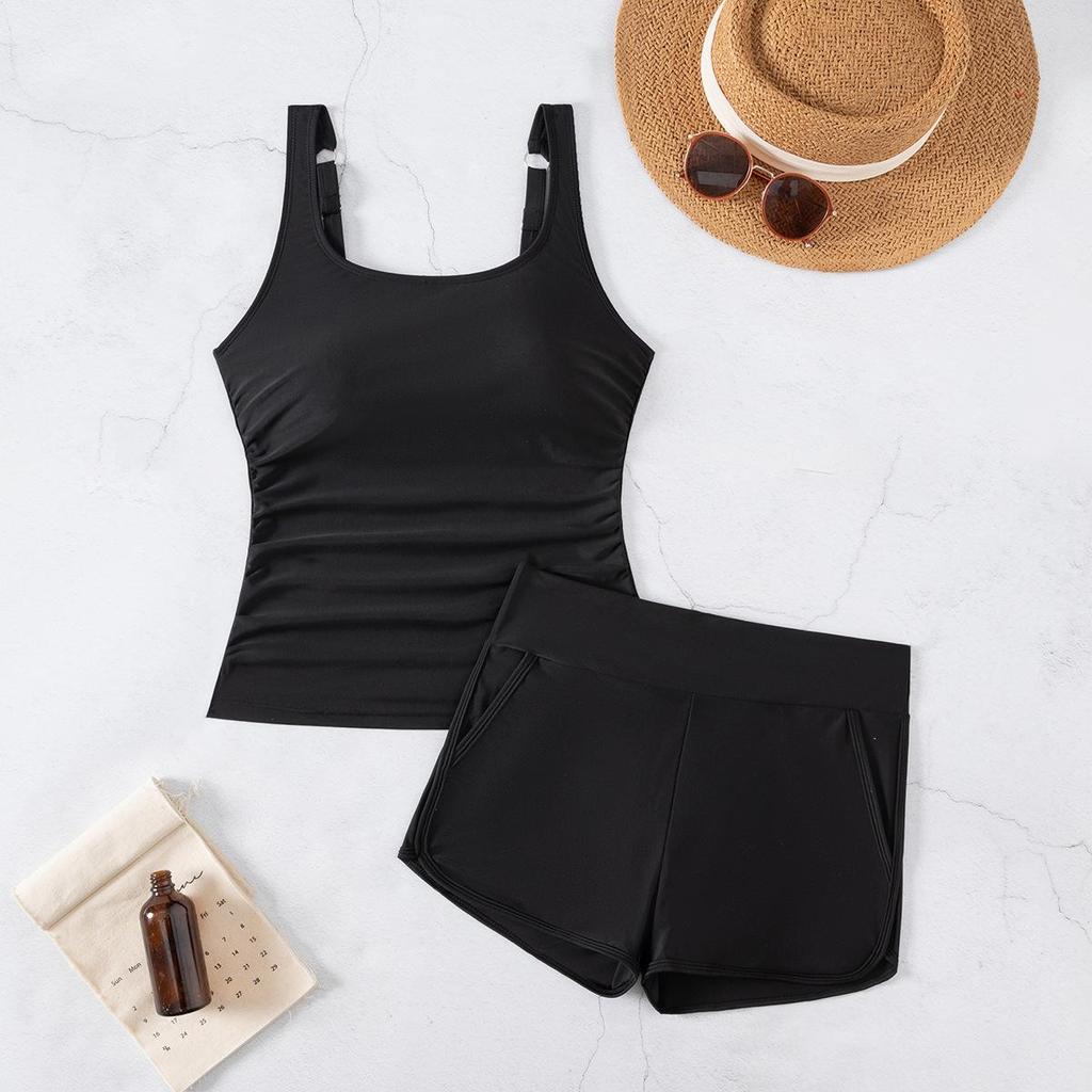 2025 Женский однотонный танкини с U-образным вырезом, шортиками и высокой талией