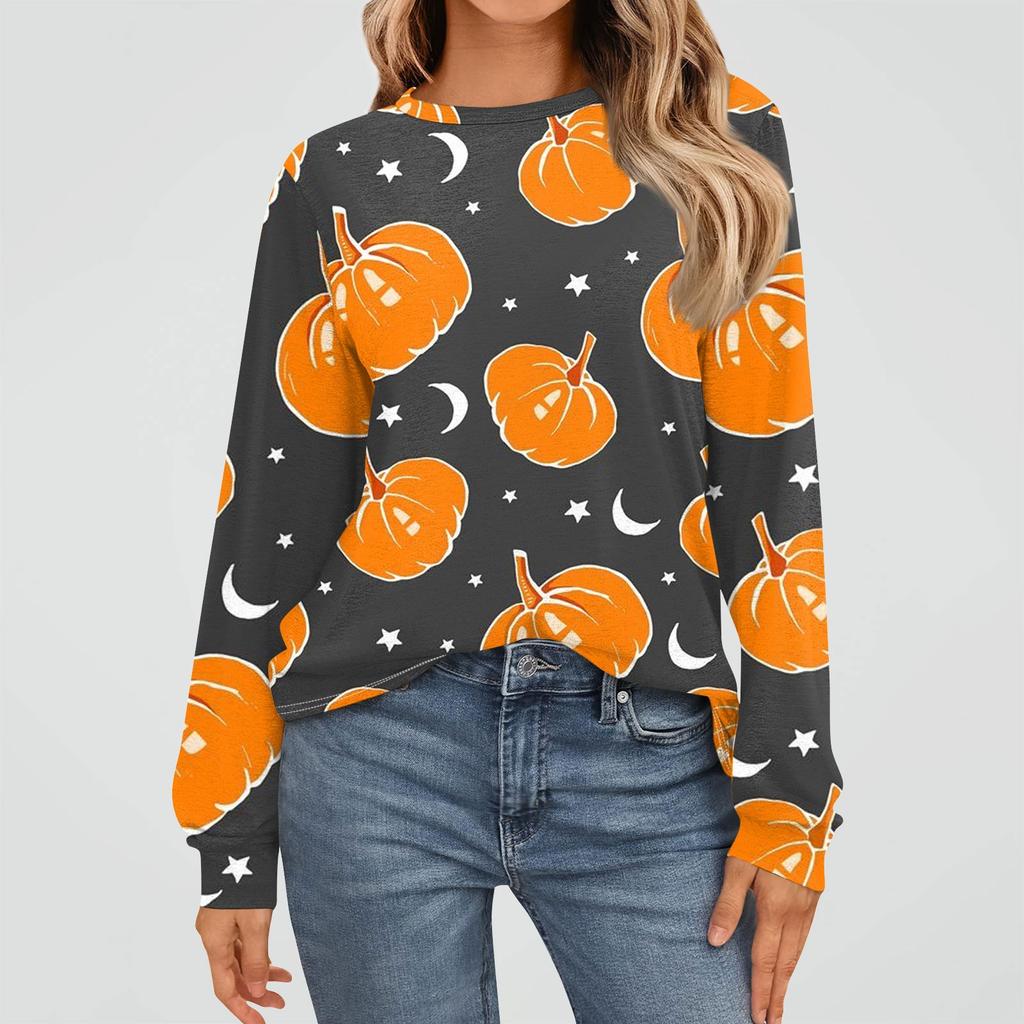 Women's Fashion Long Sleeve Shirts Loose Fitted Crewneck Basic Halloween Print Tops Casual Outfits