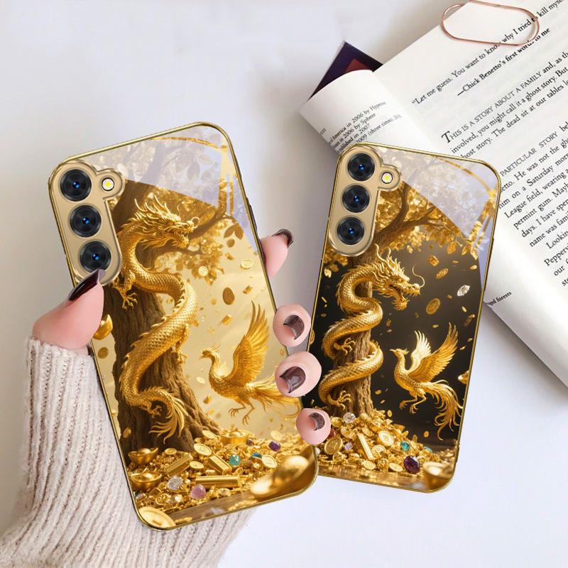 Золотой Дракон Сворачивается Для Samsung Galaxy S20 FE S21 S22 S23 Plus S24 Ultra S25Ultra S21+ S9+ S22Plus Золотой стеклянный чехол для телефона