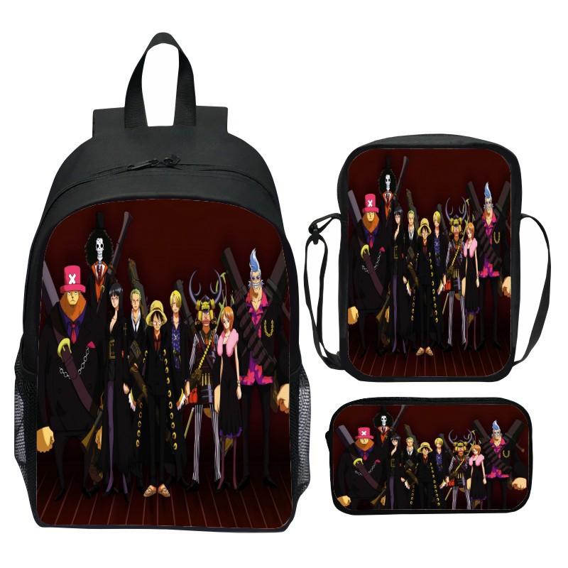 One Piece Printed 3-Piece Backpack Set Cartoon Pirate Navy Elementary School Bag Large Capacity Water-Resistant Kids Backpack