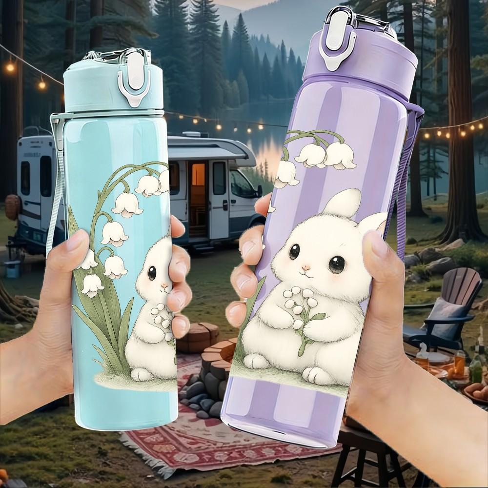 1PC White Lily And Cute Rabbit 750ml Color Plastic Sports Water Bottle Leakproof Flip Straw Lid Suitable for Sports Office Home Use