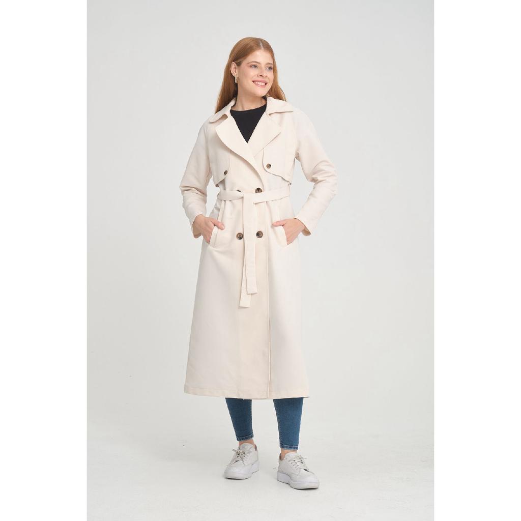Двубортный тренч средней длины с рукавами реглан (120 см) Темно-бежевый 7558