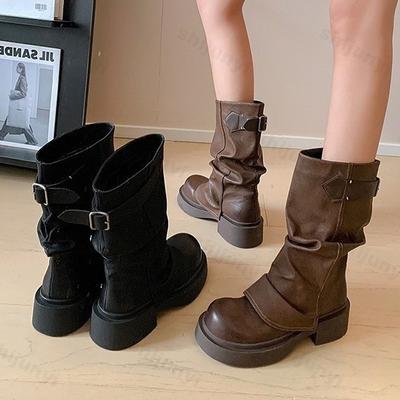 Мода 2024 Новая Ретро Мода Универсальные Коричневые Сапоги До Середины Икры в Стиле Вестерн Ковбойские Круглый Носок Квадратный Высокий Каблук Панк Стиль Женские Сапоги-Брюки