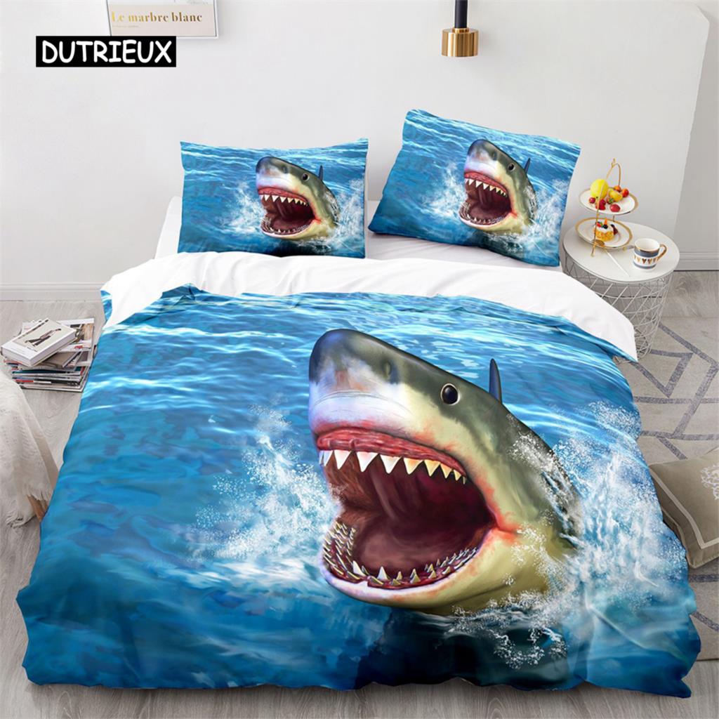 3D Shark Fish Duvet Cover Beach Ferocious Shark Theme Bedding Set Ocean Sea Comforter Cover for Kids Women Men Room Decorations