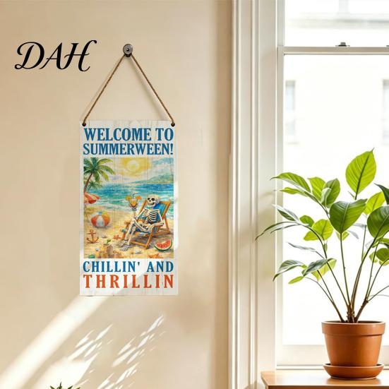 Porch Hanging Sign Summer Wooden Sign, Welcome Front Door Decor with Decorative Rope, Colorful Hanger for Seasonal Farmhouse Beach House Wall Art