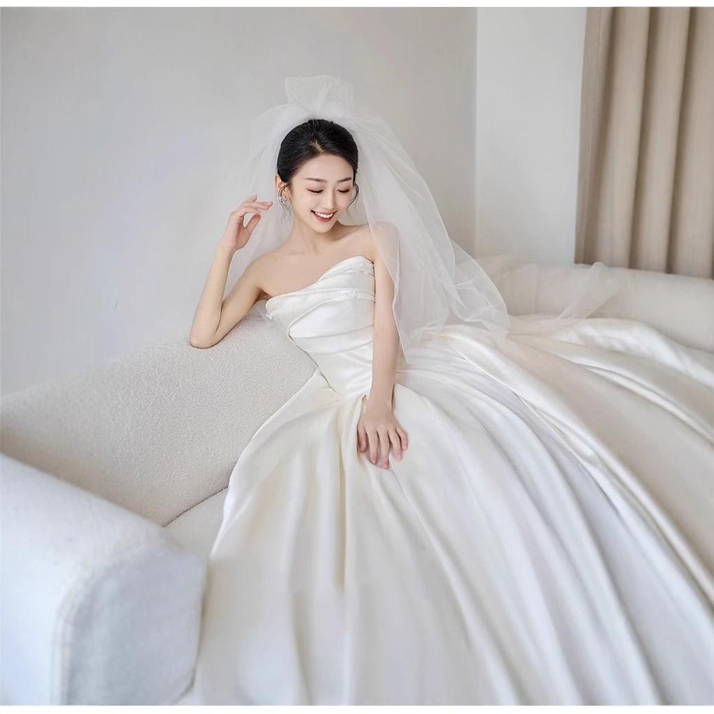 Атласное легкое свадебное платье-топ-труба 2025 новое свадебное высококачественное текстурированное французское ретро-платье маленькая пряжа для выхода