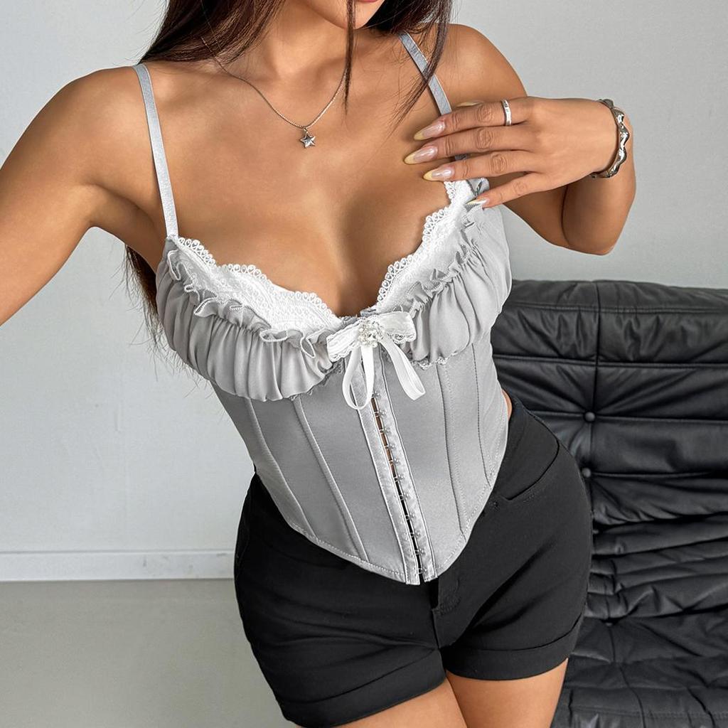 Fishbone Corset Top Sexy Mesh Ruffled Lace Top
