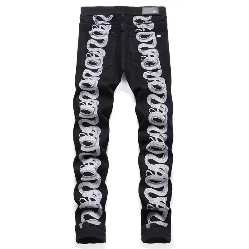 Mens Slim Fit Jeans Streetwear Distressed Embroidered Denim Pants Youth