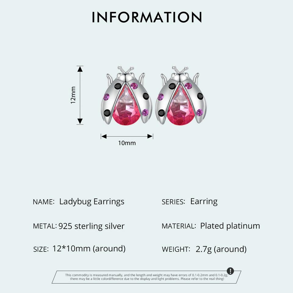 WOSTU Женские серьги-гвоздики из стерлингового серебра 925 пробы с розовой божьей коровкой, многоцветные серьги с турмалином с цирконием, открытые серьги-гвоздики, зажимы для вечеринок, ювелирные изделия, подарок