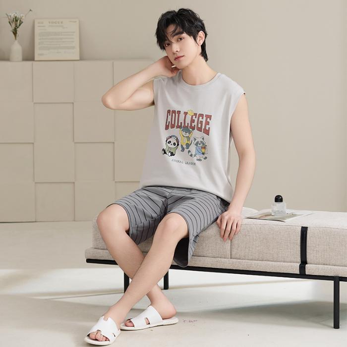 2025 летняя мужская пижама в полоску из чистого хлопка для отдыха с эластичным поясом для мальчиков, майки и шорты, мягкая пижама, домашняя одежда