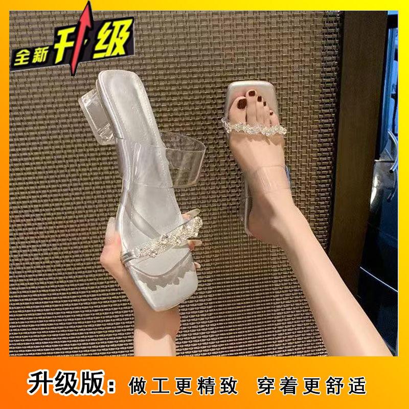 Transparent temperament high heels women's sandals summer 2025 new sexy outer thick heel sandals fashion crystal slippers