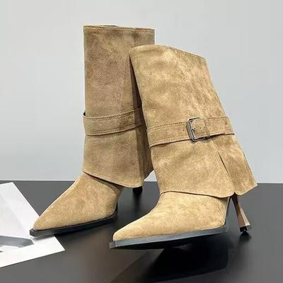 Мода Высокие каблуки Женские ботильоны Острый носок Модная обувь для платья Роскошная замша Зимние боты 2025 Дизайнерские туфли-лодочки Женские ботинки Челси