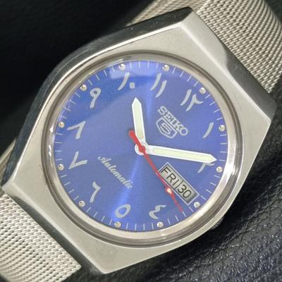 ЯПОНИЯ ВИНТАЖ SEIKO 5 АВТОМАТИЧЕСКИЕ 6349A МУЖСКИЕ ЧАСЫ С АРАБСКИМ СИНИМ ЦИФЕРБЛАТОМ a702655-1