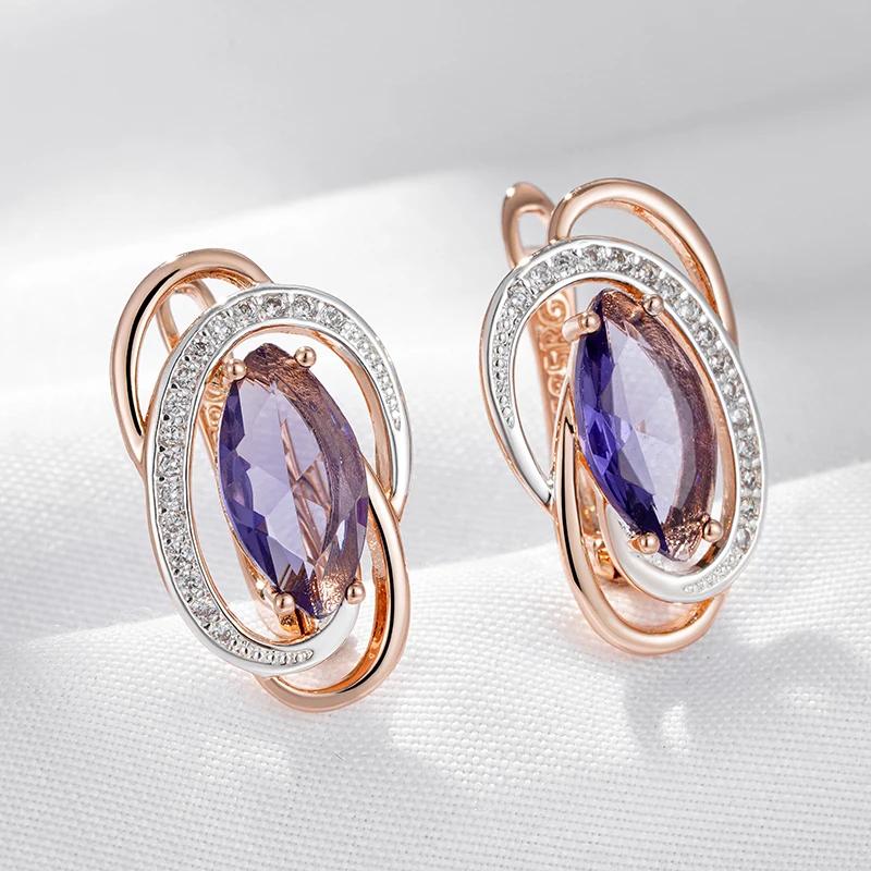 1 Pair Marquise Cut Purple Zircon Earrings for Women Vintage Gold Color Geometric Dangle Earrings Unique Wedding Jewelry Party Accessories