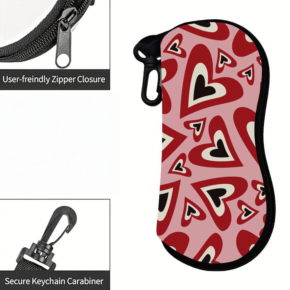 Cute Retro Red Heart Pattern Soft Pouch, Sunglasses Case, Portable Lightweight Eyewear Protective Bag, Stylish Travel Eyeglasses Holder Organizer