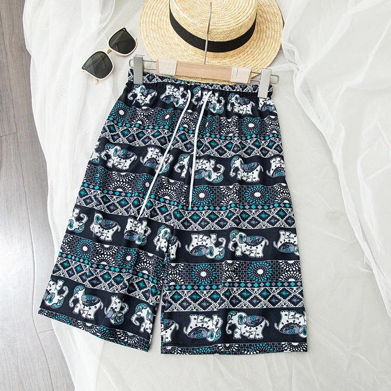 Elephant Pants Shorts Adjustable Elastic High Waistband Strap Rope Women Print Thailand Casual Streetwear Beach Bohemian Retro Vintage Boho