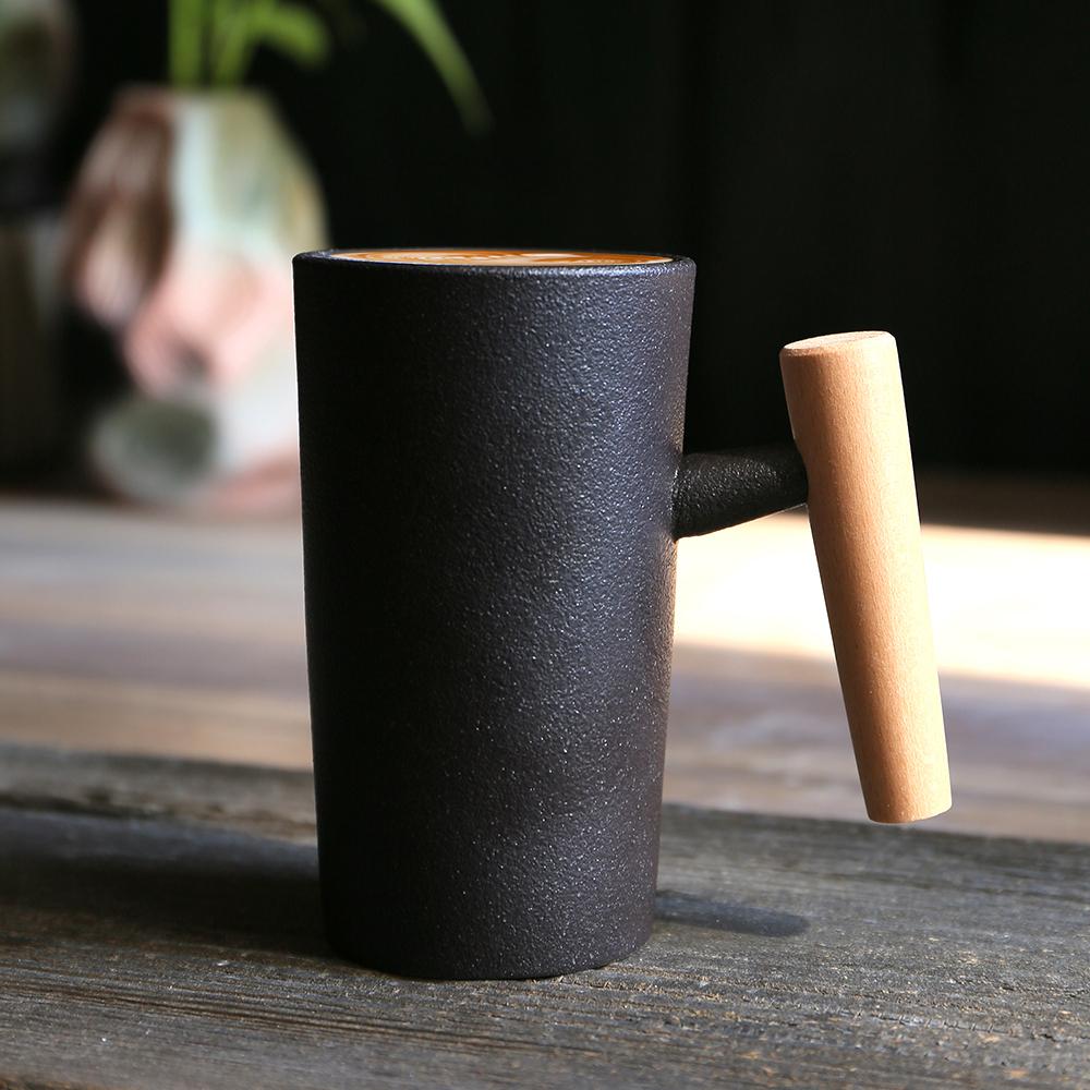 Ceramic Mug Wooden Handle Coffee Cup Vintage Kiln Variation Pottery Large Capacity Tea Water Cup for Home Office Kitchen