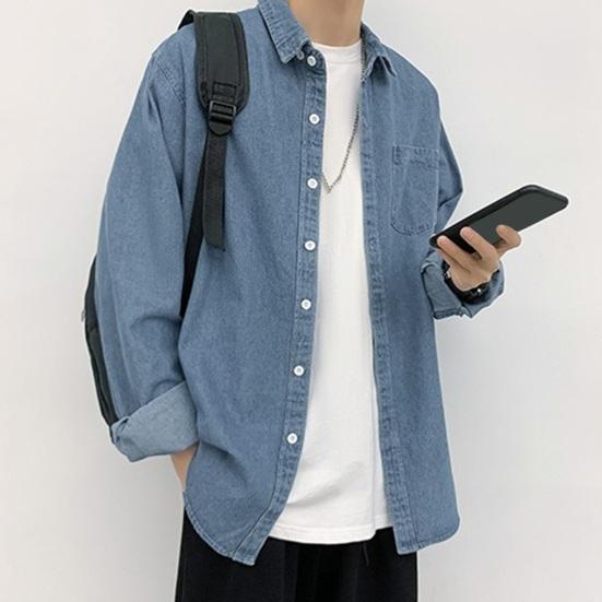 Мужская рубашка-рубашка на весну и лето, пальто с отложным воротником и длинными рукавами, однобортный кардиган, свободный нагрудный карман, чистый цвет, школьный