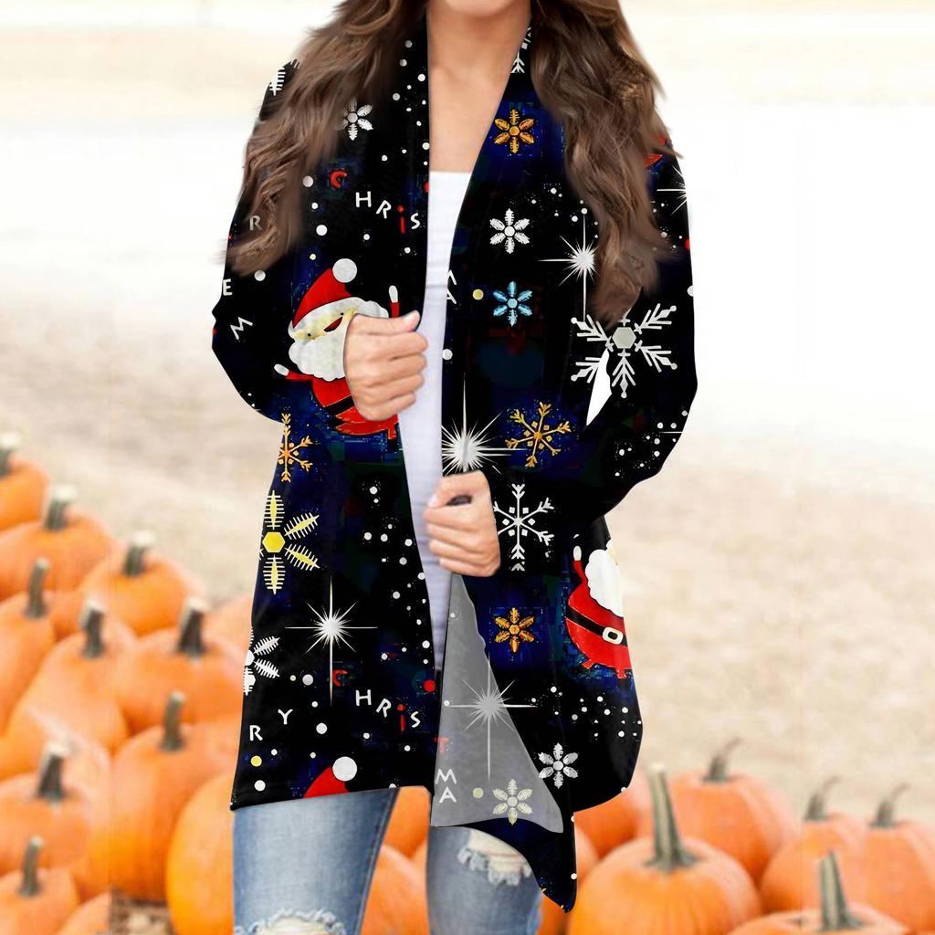 Женский кардиган необычной формы с длинными рукавами и карманами с рождественским принтом
