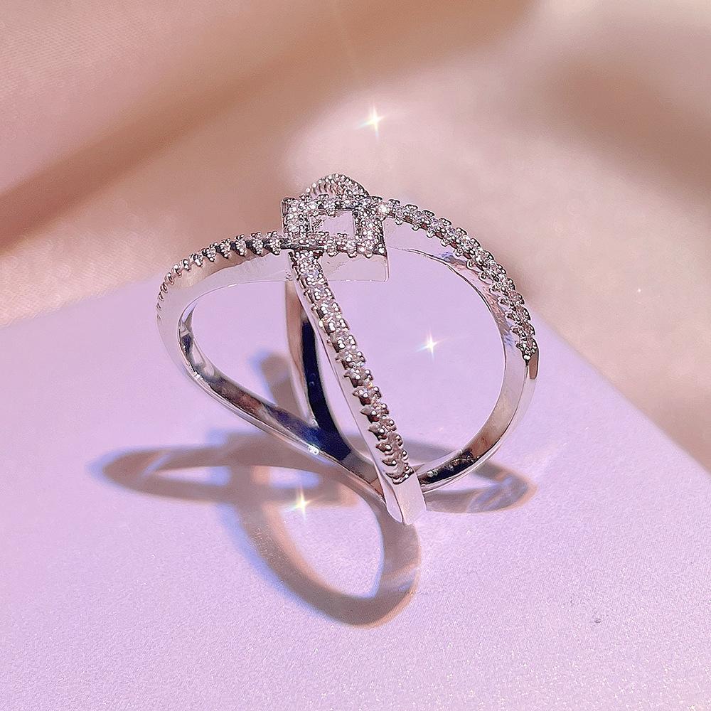 925 Silver New Ring Fashion Hand -Set Diamond Interwoven Square Ring Temperament Wild Jewelry Party Birthday Jewelry Gift
